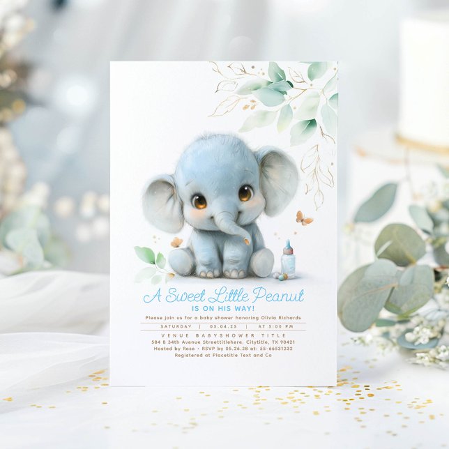 Greenery Cute Elephant Boy Shower Inbjudningar (Little Elephant Boy Baby Shower Invitations)