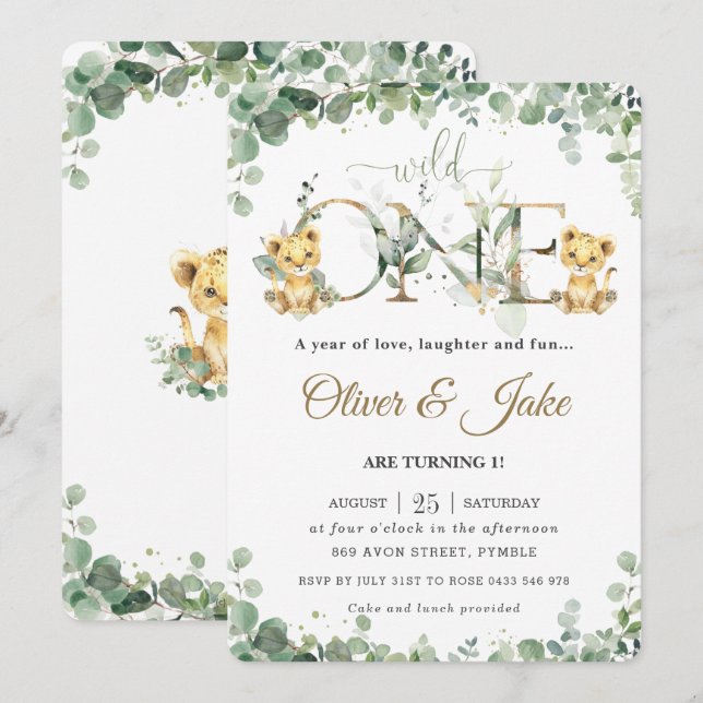 Greenery Cute Lejonare Unge Twillingars Boys 1:a f Inbjudningar (Fram/baksida)