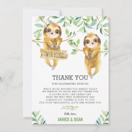 Greenery Cute Sloth Baby Shower Twin Boys Tack Kort