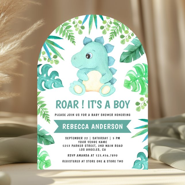 Greenery Cute Teal Dinosaur Arch Baby Shower Inbjudningar (Skapare uppladdad)
