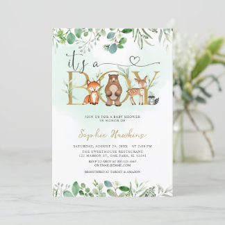 Greenery Det är en Boy Woodland Animals Baby Showe Inbjudningar