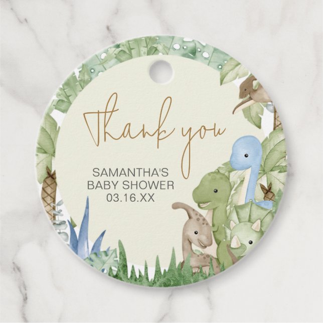 Greenery Dinosaur Baby Shower Round Gåvor Etiketter (Framsida)
