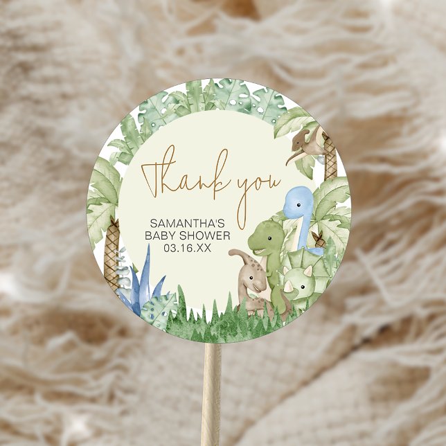 Greenery Dinosaur Baby Shower Runt Klistermärke (Greenery Dinosaur Baby Shower Sticker)