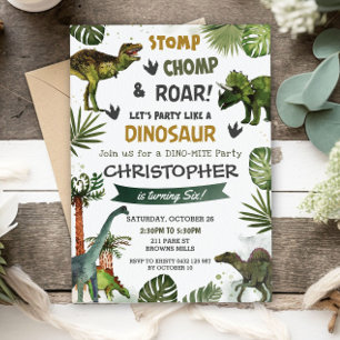 Greenery Dinosaurs Födelsedagsfest Stomp Chomp Roa Inbjudningar
