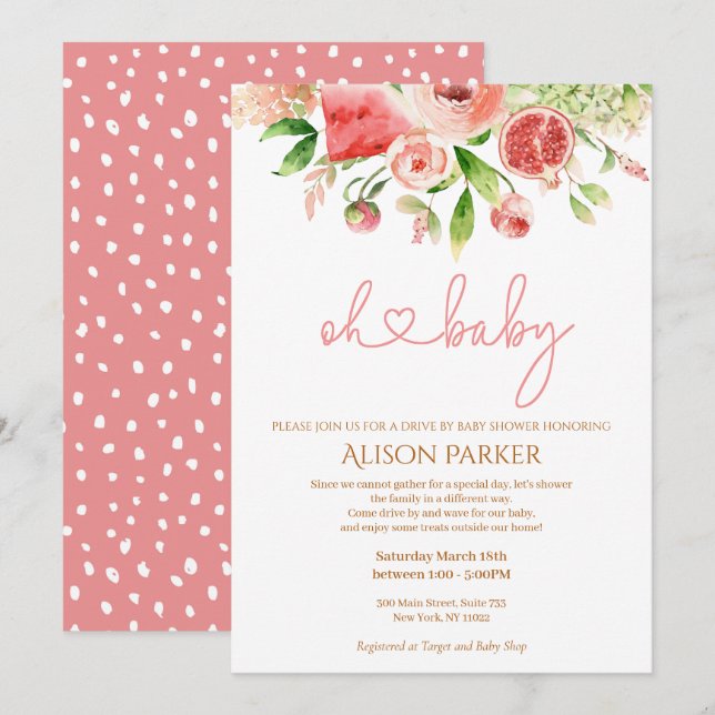 Greenery Drive rosa ros Blommigt by Baby Shower Inbjudningar (Fram/baksida)