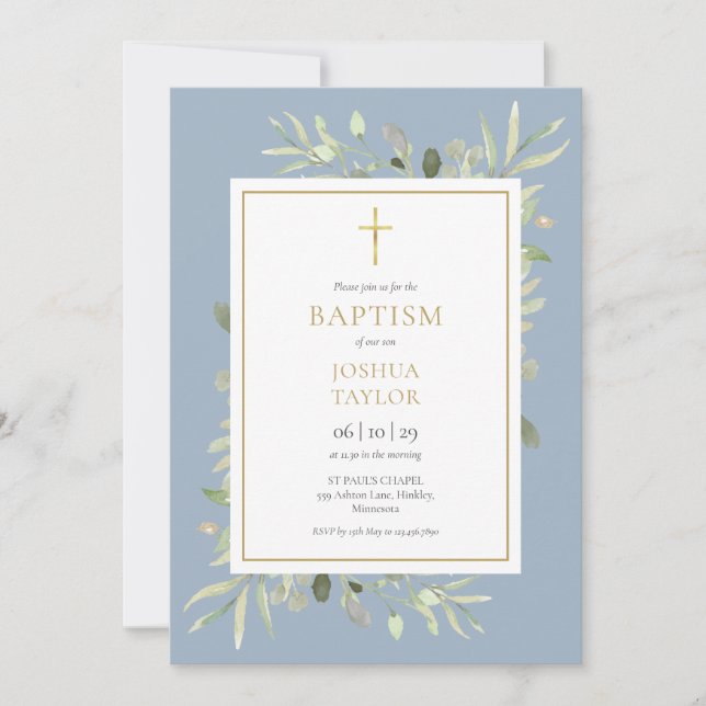 Greenery Dusty Blue Baptism Christening QR Code Inbjudningar (Framsida)
