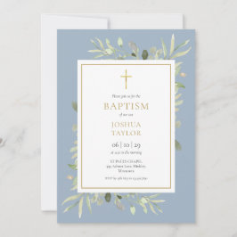 Greenery Dusty Blue Baptism Christening QR Code Inbjudningar