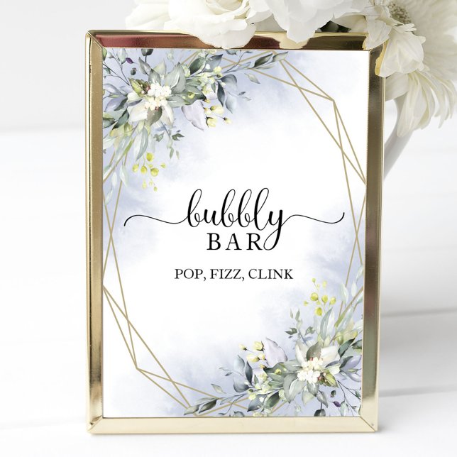 Greenery Dusty Blue Bridal Shower Bubbel Bar-tecke Poster (Skapare uppladdad)