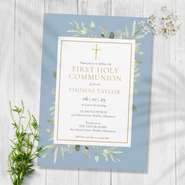 Greenery Dusty Blue First Heliga Communion Inbjudningar (Skapare uppladdad)