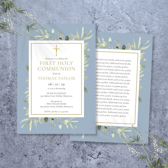 Greenery Dusty Blue First Heliga Communion Inbjudningar (Greenery Dusty Blue First Holy Communion Invitation)