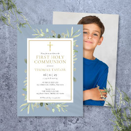 Greenery Dusty Blue First Heliga Communion Photo Inbjudningar