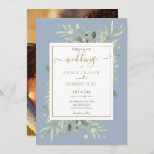 Greenery Dusty Blue Guld Script Photo Bröllop