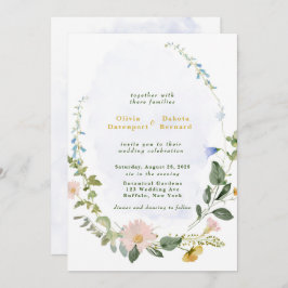 Greenery Dusty Blue Guld Wildblommor Bröllop Inbjudningar