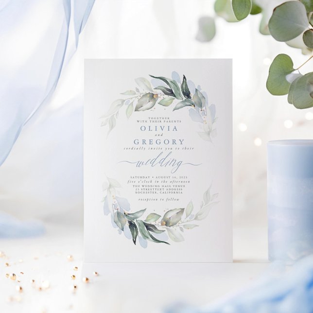 Greenery Dusty Blue Modern Elegant bröllop Inbjudningar (Dusty Blue Greenery Minimalist Wedding Invitations)