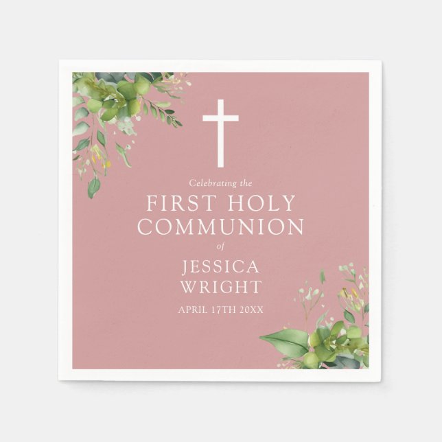 Greenery Dusty Ro Rosa First Heliga Communion Pappersservett (Framsidan)