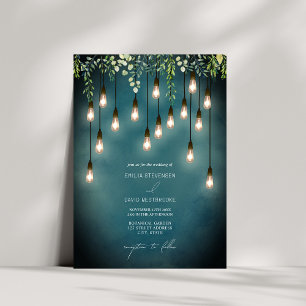 Greenery Edison Lightbulbs Watercolor Bröllop Inbjudningar