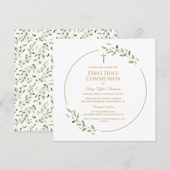 Greenery Elegant Gold Cross First Holy Communion  Inbjudningar (Fram/baksida)