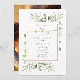 Greenery Elegant Guld-skript Foto Bröllop Inbjudningar