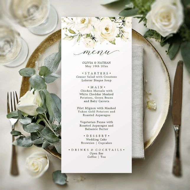 Greenery elegant vit ros bröllop Dinner Menu Meny (Skapare uppladdad)