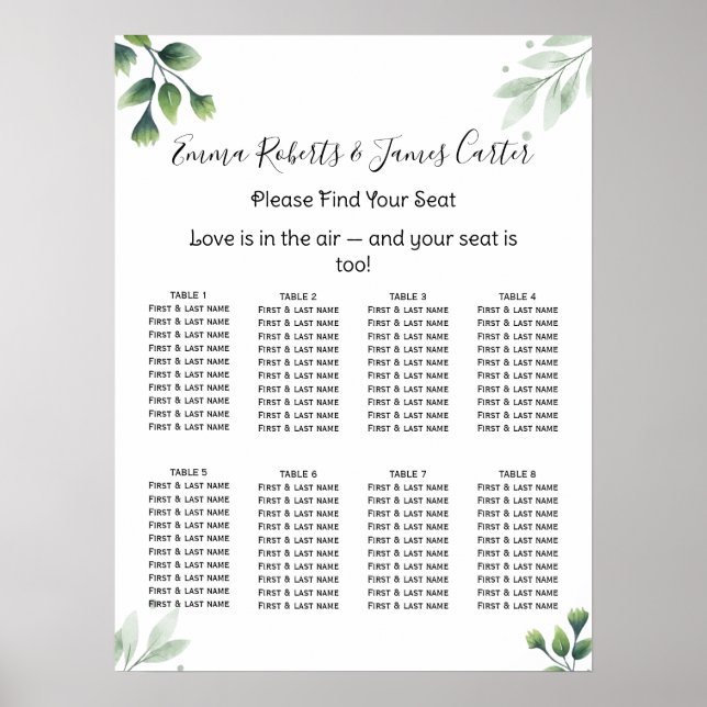 Greenery Elegant Wedding Seating Chart Poster (Framsidan)