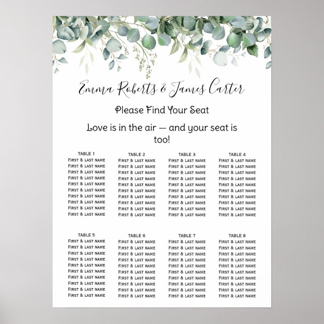 Greenery Elegant Wedding Seating Chart Poster (Framsidan)