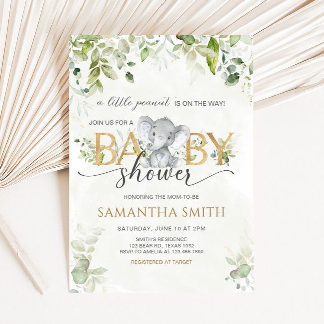 Greenery Elephant Baby Shower Inbjudningar (Little Peanut Baby Shower Invitation)
