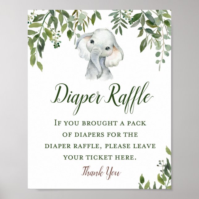 Greenery Elephant Diaper Raffle Sign Poster (Framsidan)