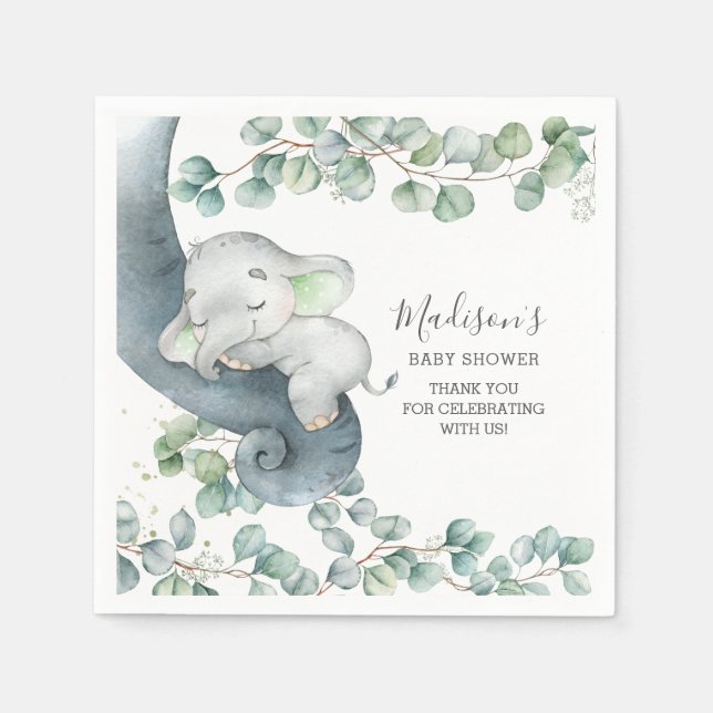Greenery Elephant Gender Neutral Baby Shower Pappersservett (Framsidan)
