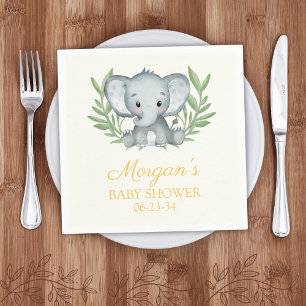 Greenery Elephant Gult Neutralt Baby Shower Pappersservett