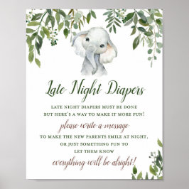 Greenery Elephant Late night Diaper Sign Poster