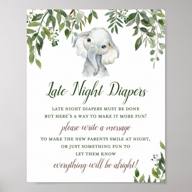 Greenery Elephant Late night Diaper Sign Poster (Framsidan)