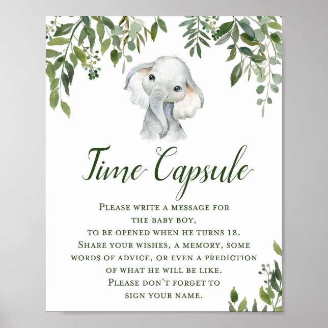 Greenery Elephant Time Capsule for BOY Sign Poster (Framsidan)