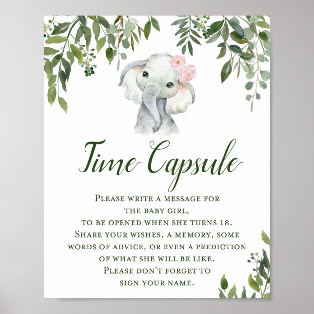 Greenery Elephant Time Capsule for GIRL Sign Poster (Framsidan)