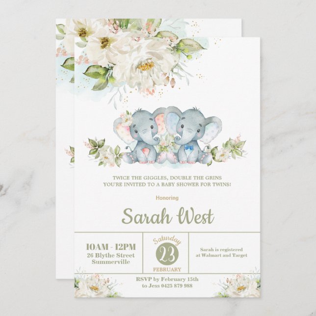 Greenery Elephant Twillingars Boy Baby Shower Inbjudningar (Fram/baksida)