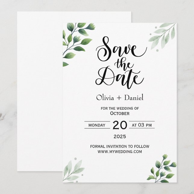 Greenery Elopement Bröllopsdatum Inbjudan (Fram/baksida)