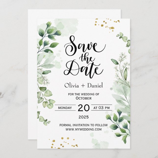 Greenery Elopement Wedding Date Invitation Inbjudningar (Fram/baksida)