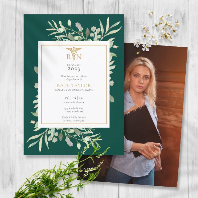 Greenery Emerald RN Nursing Studenten Photo Invit Inbjudningar (Skapare uppladdad)