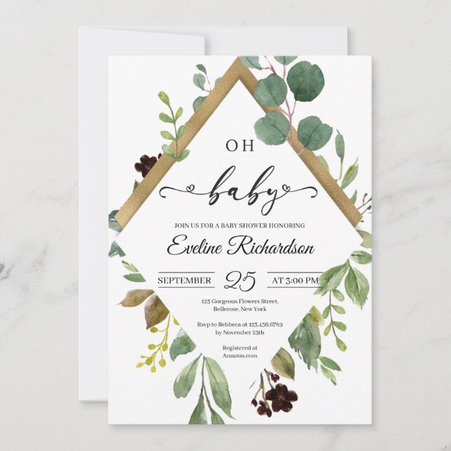 Greenery eucalyptus and guld foil modern baby inbjudningar (Framsida)