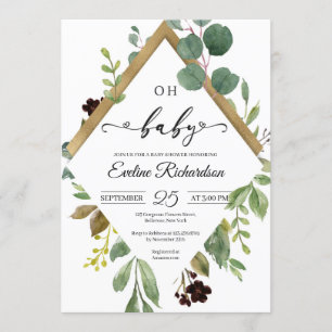 Greenery eucalyptus and guld foil modern baby inbjudningar