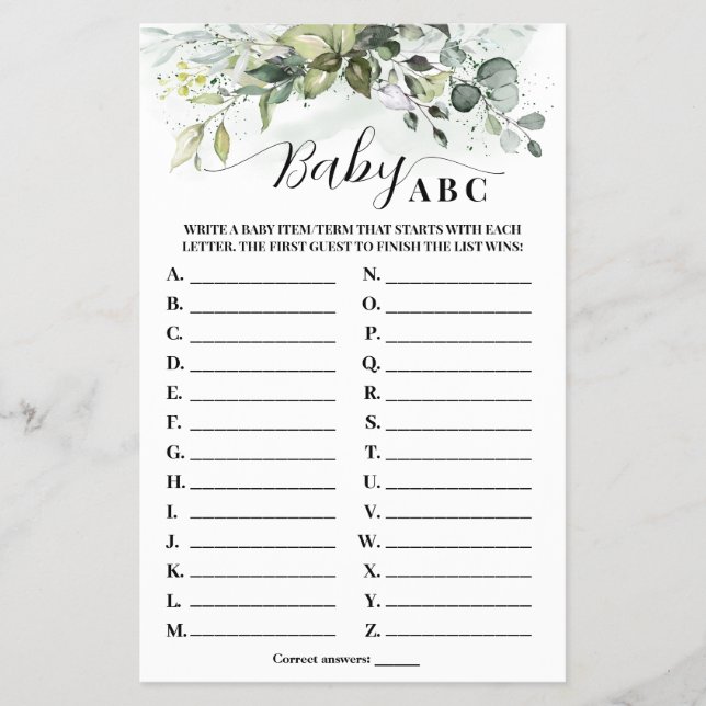 Greenery Eucalyptus Baby ABC Baby Shower Game Card Flygblad (Framsidan)