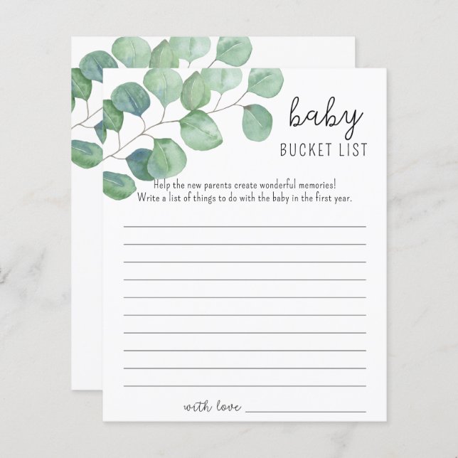 Greenery Eucalyptus - Baby bucket list-spel (Fram/baksida)