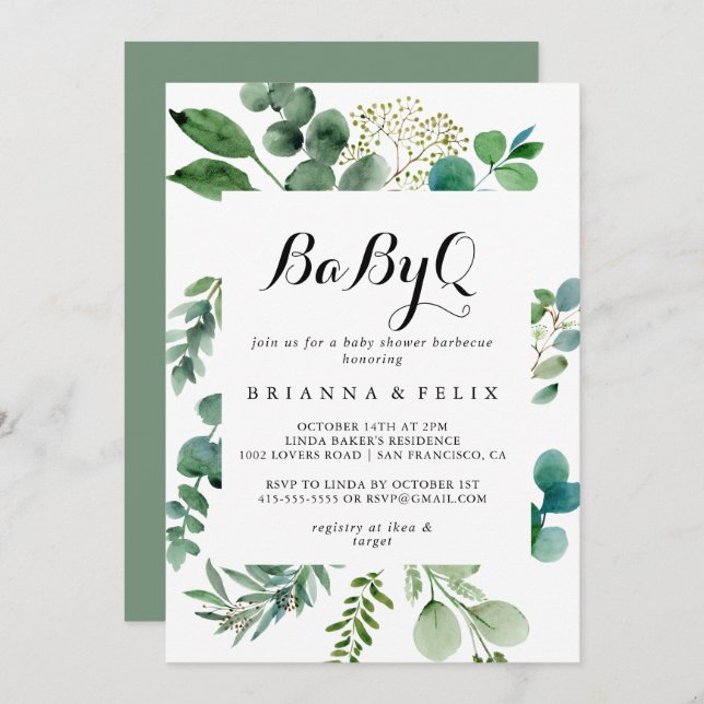 Greenery Eucalyptus BabyQ Baby Shower Barbecue Inbjudningar (Fram/baksida)