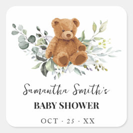 Greenery Eucalyptus Bear Baby Shower Fyrkantigt Klistermärke