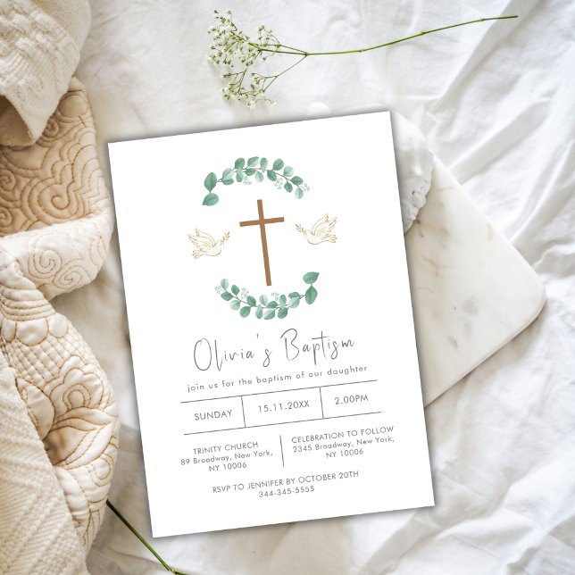 Greenery Eucalyptus Bird Kor Christening Baptism Inbjudningar (Greenery Eucalyptus Bird Cross Christening Baptism Invitation)