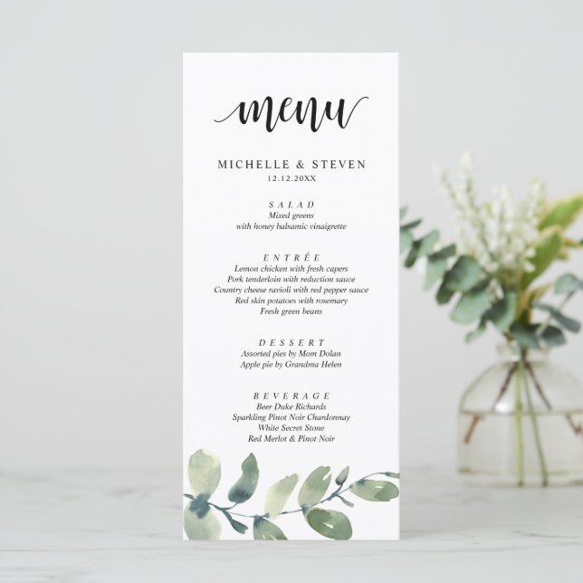 Greenery Eucalyptus Bröllop Elopement Dinner Menu Meny (Stående Fram)