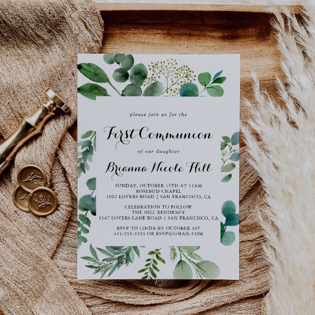 Greenery Eucalyptus Calligraphy First Communion Inbjudningar (Skapare uppladdad)