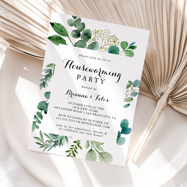 Greenery Eucalyptus Calligraphy Houseuppvärmning P Inbjudningar (Skapare uppladdad)