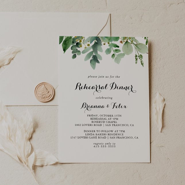 Greenery Eucalyptus Calligraphy Rehearsal Dinner Inbjudningar (Skapare uppladdad)