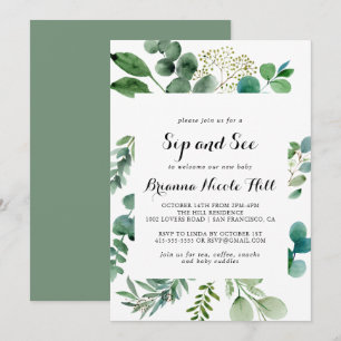 Greenery Eucalyptus Calligraphy Sip and See Inbjudningar