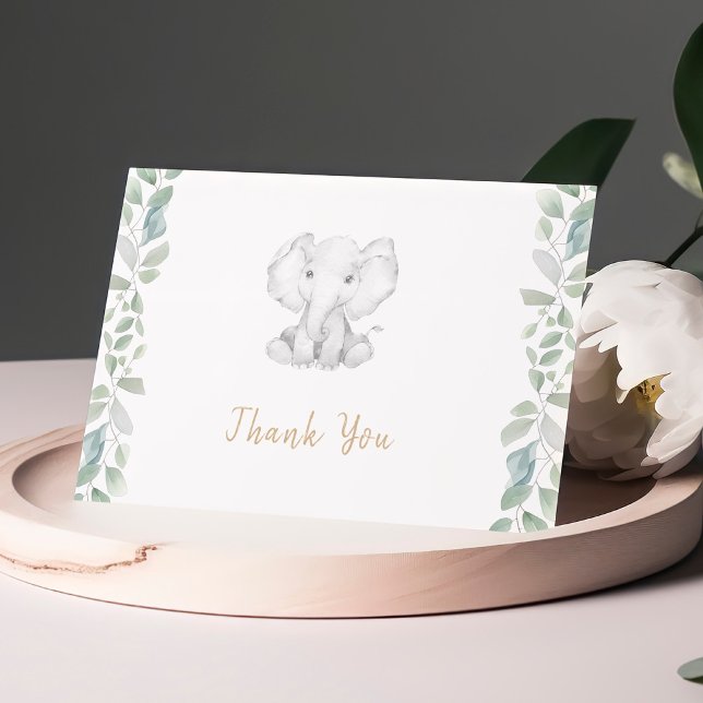 Greenery Eucalyptus Cute Elephant Baby Shower Tack Kort (Skapare uppladdad)